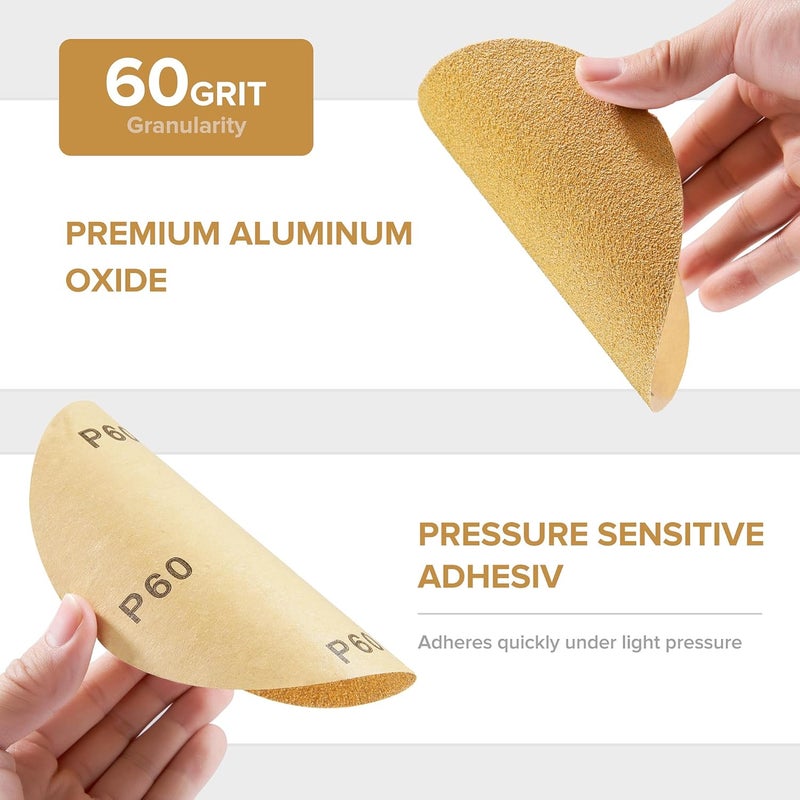 Shawya 100 PCS 6 Inch Gold PSA Sanding Discs 60 Grit Self Adhesive Sticky-Back Sandpaper for DA Sander Automotive Car Paint Woodworking Wood Metal Finishing - Image 4